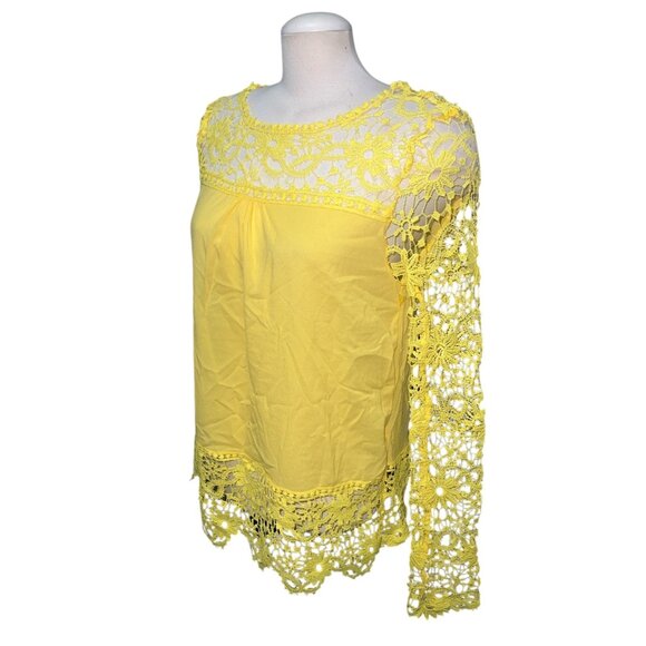 Yellow Crochet Lace Long Sleeve Blouse Top Size Large Lightweight Boho Chic Flor - Picture 4 of 8